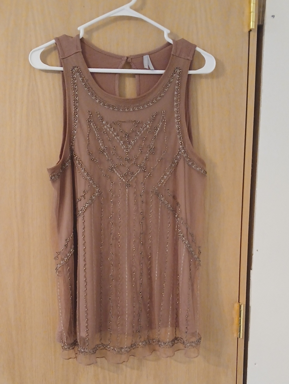 Vanity Beaded Dusty Rose Mesh Overlag Tank with Embellished Front